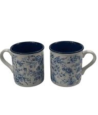 Two Vintage Potpourri Press Windsor Coffee Cups Mugs Blue Flowers 1988 picture