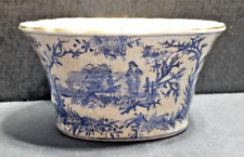 Vintage Bowl Crackle Glaze (Planter, Cachepot Style) Blue-White w/ Gold Trim picture