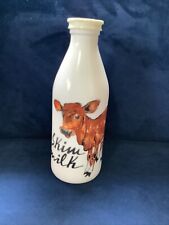 Quart Milk White Glass Bottle Painted Skim Milk Brown Cow Egizia Made in Italy picture