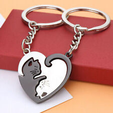 2pcs Cute Cat Patchwork Heart Couple Lovers Keyring Backpack Car Key Ring Gift picture