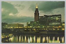 State View~Cleveland Ohio Skyline At Night From Cuyahoga River~Vintage Postcard picture