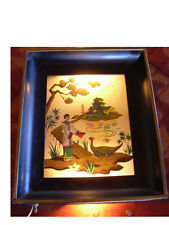 Vtg Mid Century Modern Reverse Painted & Lit Oriental Decor Wall Shadow Box picture