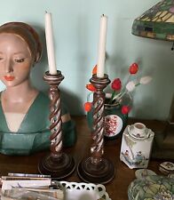 vintage Pair Made in Italy Wood Candlesticks Barely Twist Open Spiral 15
