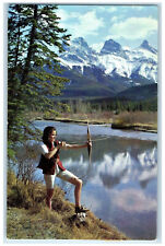 c1950's Three Sisters Mountains Canmore Alberta Canada Woman Bow Arrow Postcard picture