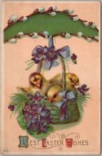 1914 EASTER Embossed Postcard Two Baby Chicks in Basket / Forget-Me-Not Flowers picture