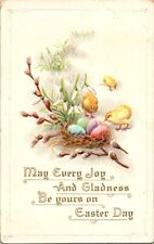 vintage postcard - EASTER GREETINGS -baby chick and eggs  - embossed-posted 1915 picture