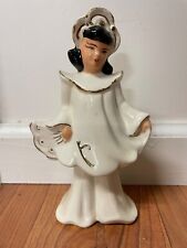 Asian Girl Figurine Florence Ceramics Style White Gold Trim Mid Century picture