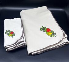 Vintage Sears MCM Linen Strawberry Appliquéd Tablecloth Matching Napkins picture