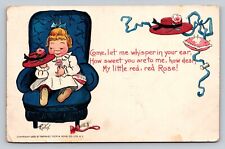 E Curtis Artist Signed 1903 Tucks PC Girl Blue Chair Pin Cushion Little Red Rose picture