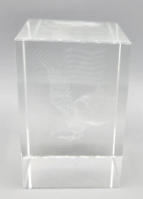 “God Bless America” Eagle with American Flag Etched Crystal Glass Paperweight picture