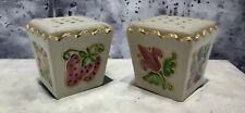 Vtg Ceramic 3” Scalloped Gold Trimmed Fruit And Flower Salt And Pepper Shakers picture