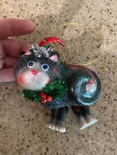 Christmas Cat Holiday Xmas Ornament Black & White Cat w/Dangle Legs & Red Hat picture