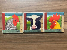 Hallmark Ceramic Magnet Set Of 3 Farm Animals (2 Roosters And Cow) 2 1/2” Square picture