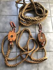 Antique 8” Block & Tackle Pulleys W/Rope Anvil Co. Wheel Wood & Iron 4