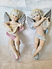Vintage Lipper & Mann wall angels cherubs bisque porcelain set of 2 *flaw* picture