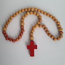 Vtg JUMBO Wood Cross Beaded Rosary Necklace Wooden Christian Prayer Beads 21