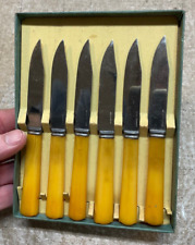 6 Vintage Yellow Bakelite Steak Knife Set & Original Box Decor picture