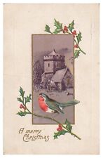 Vintage Embossed A Merry Christmas Postcard c1908 Bird on Holly Branch picture