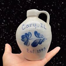 Rockdale Union Salt Glazed Pottery Cary IL Stoneware Blue Flower Jug Gray 5”T picture