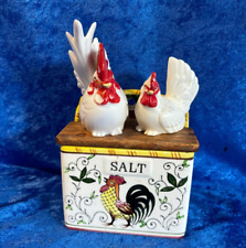Vintage Ucago Hanging Rooster Salt Box w/Salt & Pepper Shakers picture