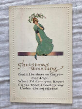 Vintage Antique Postcard, Woman Blushing Under Mistletoe, Christmas Greeting picture