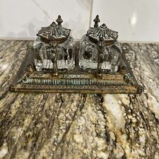 Vintage Double Glass Inkwells With Metal Lids On Metal Brass Tone Stand picture