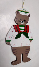 Vintage Cat Christmas Wooden Tree Ornament Hand Painted Taiwan 1980s SDIORVINTAG picture