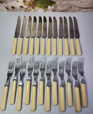 Vtg 12 Forks 12 Knives Celluloid Ivory Tone American Cutlery Co Stainless picture