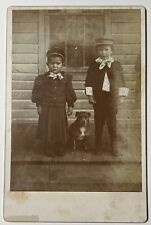 2 Victorian BOYS in Bows w PIT BULL DOG 1890s antique Cabinet Card Photo picture