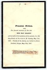 1881 PORTLAND OREGON FUNERAL NOTICE MISS MAY GRANDY AT PARENTS RESIDENCE Z5220 picture