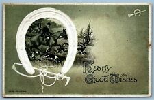 Equestrian Postcard~ Horse & Jockey~ Good Luck Horse Shoe~ Hearty Good Wishes picture