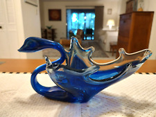 Vtg Art Glass Large Swan Hand Blown Murano Style Cobalt Blue Bowl picture