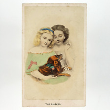 Tinted Girls Holding Dog CDV Album Filler c1865 Sisters Painting Art Card A4117 picture