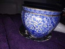 Beautiful Vintage Blue,Yellow & White Chinoiserie Floral Planter w/ Brass Plant picture