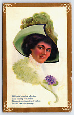 Original Old Vintage Antique Postcard Greetings Lady Green Hat Flowers 1909 picture