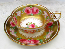 ADDERLEY ANTIQUE HAND PAINTED PINK ROSES HEAVY GOLD GILT DEMITASSE CUP & SAUCER picture