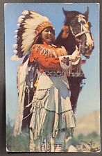 Native American Woman Headdress Black Horse Color RPPC Postcard 1954 used picture