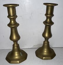 Petite Antique 1850 Pair Queen Anne Spun Brass Push-up Candle Sticks picture