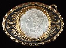 1886 Morgan Western Silver Dollar Belt Buckle Gold on Black Colors 3 1/4