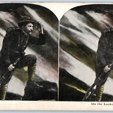 c1910s WWI Military Soldier Warrior on Lookout Stereoview Art Illustration V34 picture