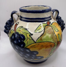 Vintage Mexican Signed Talavera Jug Hand-painted Fruit Ribbon Handles 6-1/2” picture
