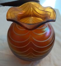 POSCHINGER Art Noveau IRRIDESCENT Pulled FEATHER MARIGOLD Bulbous Art Glass Vase picture