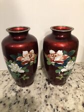 Vintage Japanese Cloisonné 7.5 Inch  Pair Vases Red. picture