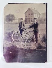 Vintage Antique 1890's Safety Bicycle Tintype Photo W/ Two Men Large Size 5x7 picture