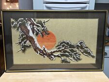 Vtg MCM Crewel Embroidered Sun Pine Tree Oriental 33x20” Large Framed Bonsai picture