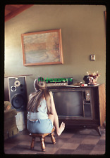 1973 Original Slide - Woman Listening to Stereo - Speaker - TV Television Set picture