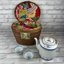 Chinese Tea Set In Padded Wicker Basket Picnic Basket Gold Hardware Blue White picture