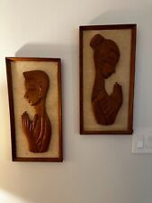 WITCO Mid-Century Carved Teak Wall Art Set Man & Woman Praying 1960s picture