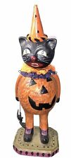 Vtg Resin/Paper Mache Halloween Bobble Head Cat Pumpkin w Dangling Black Spider picture