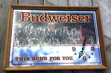 BUDWEISER Beer Vintage Advertising Mirror & Clock w/ Clydesdales Pulling Wagon. picture